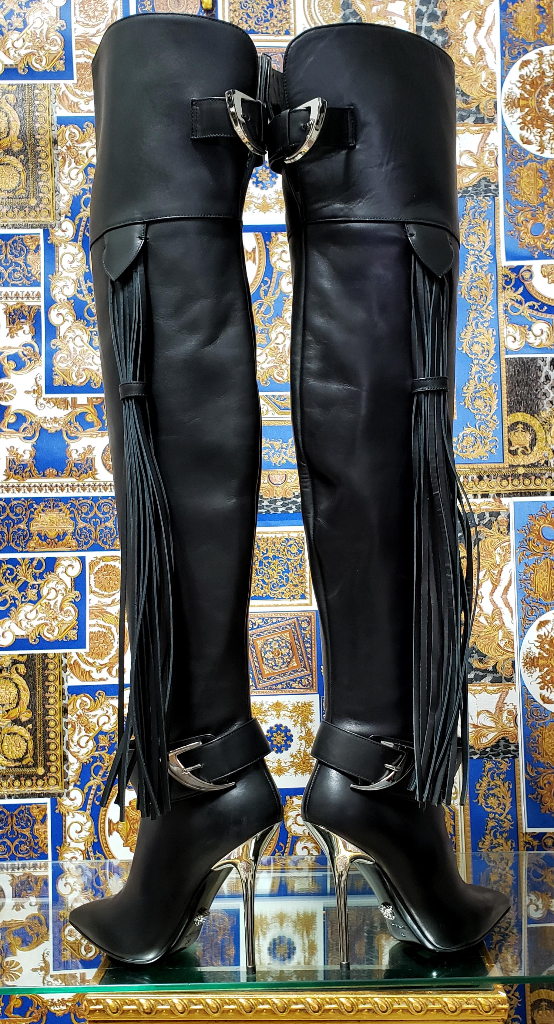 Pre-Fall/14 L#9 VERSACE BLACK LEATHER OVET-the-KNEE Boots with TASSELS 35, 36, 39 In New Condition In Montgomery, TX