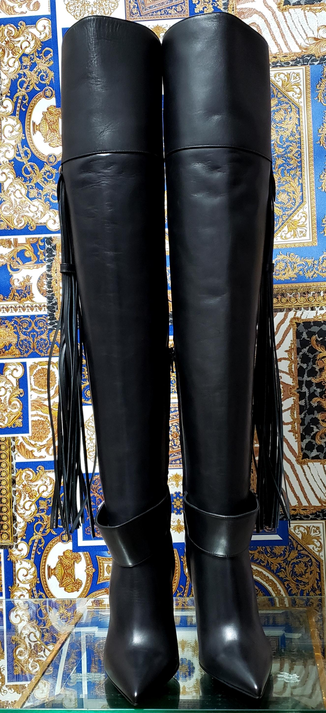 Women's Pre-Fall/14 L#9 VERSACE BLACK LEATHER OVET-the-KNEE Boots with TASSELS 35, 36, 39