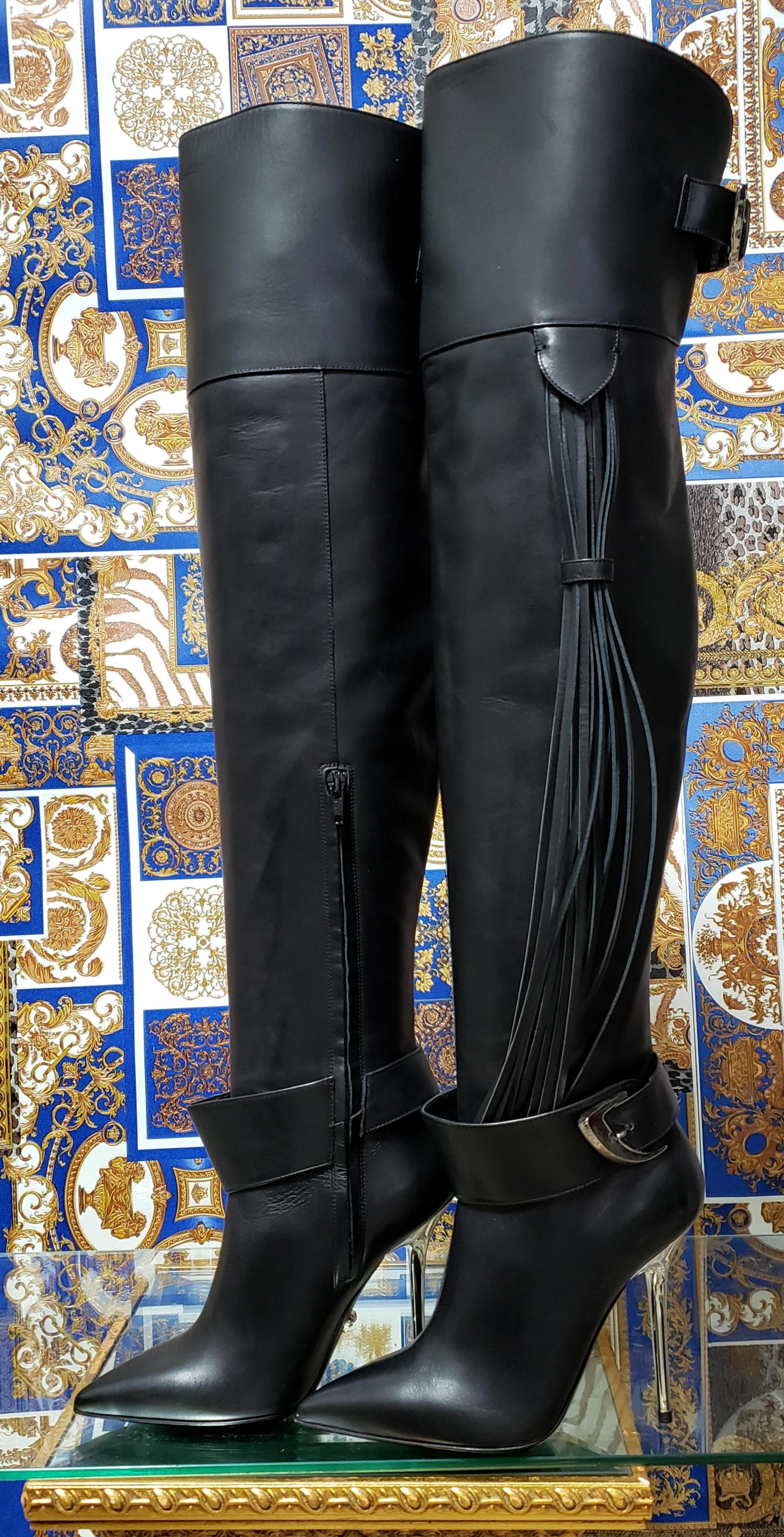 Women's Pre-Fall/14 L#9 VERSACE BLACK LEATHER OVET-the-KNEE Boots with TASSELS 36 For Sale