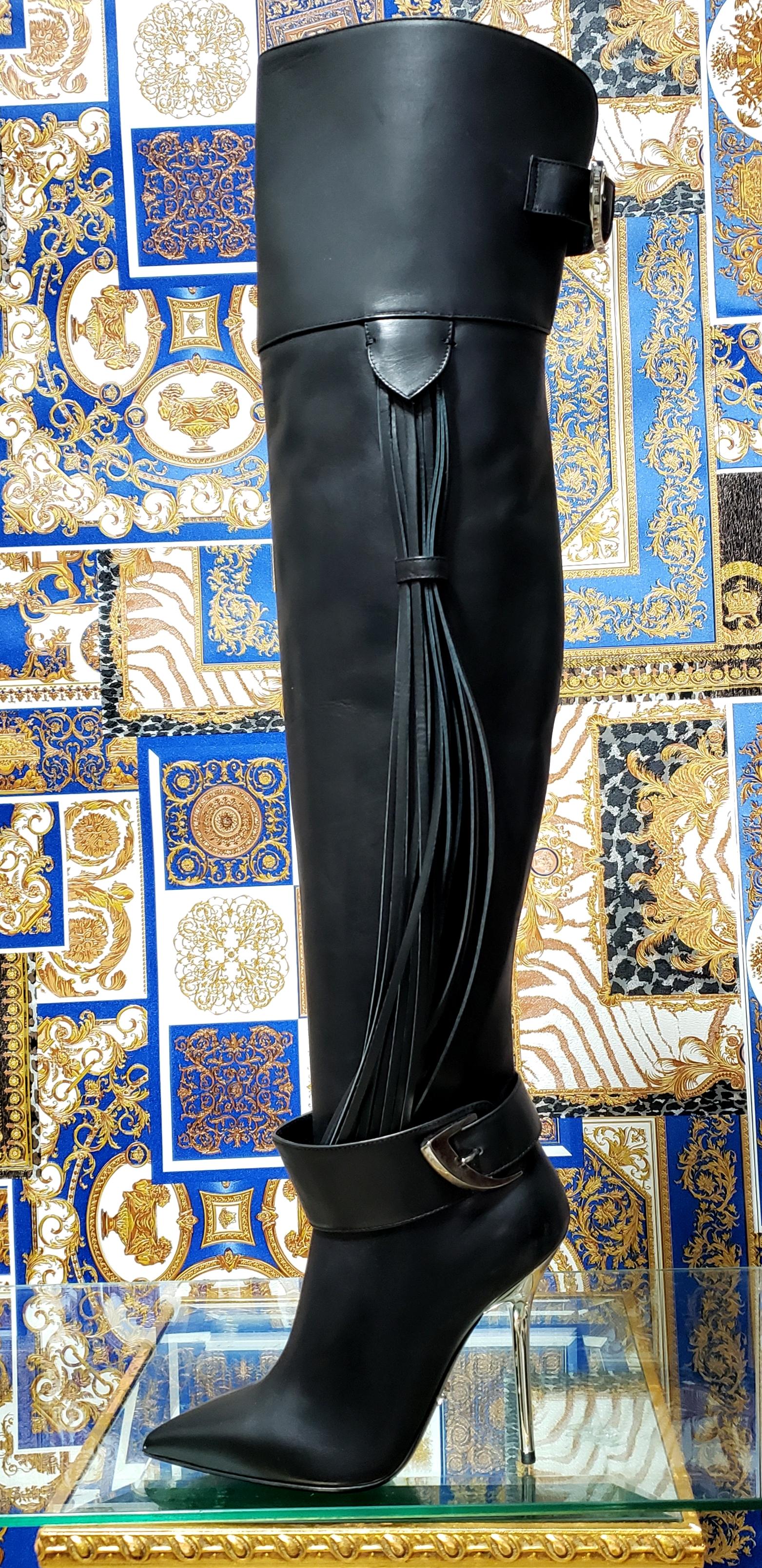 Pre-Fall/14 L#9 VERSACE BLACK LEATHER OVET-the-KNEE Boots with TASSELS 36 For Sale 4