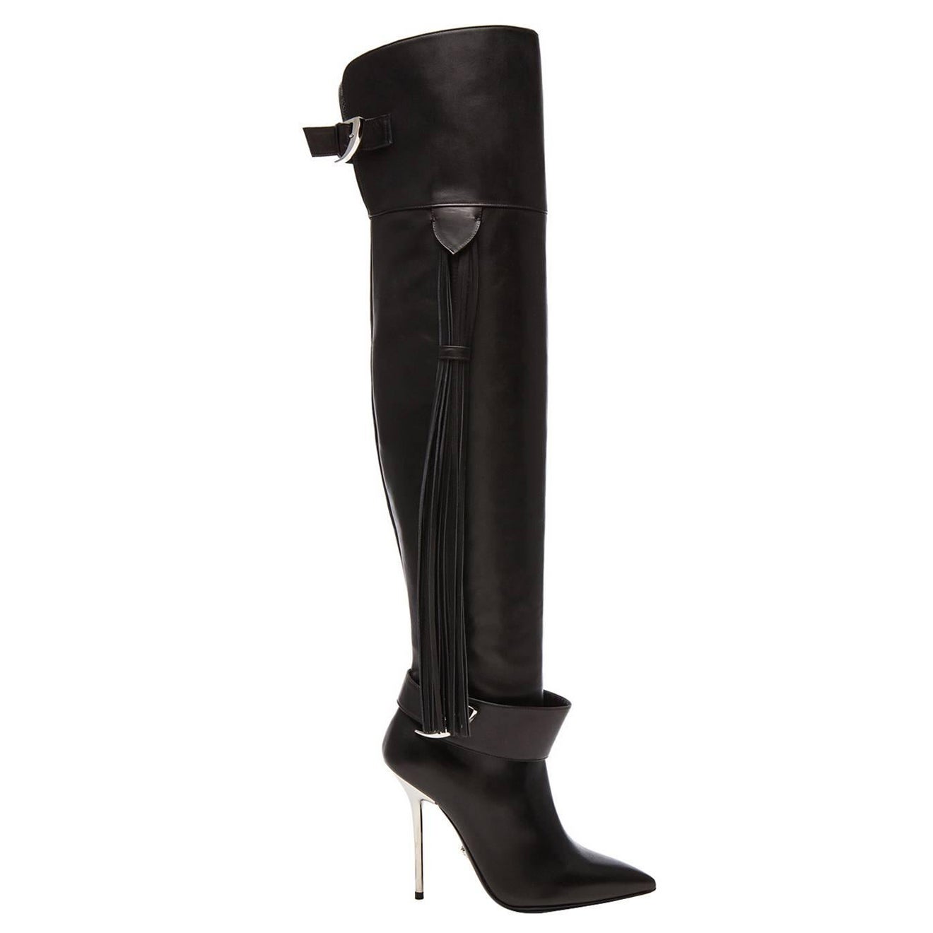 Pre-Fall/14 L#9 VERSACE BLACK LEATHER OVET-the-KNEE Boots with TASSELS 36 For Sale