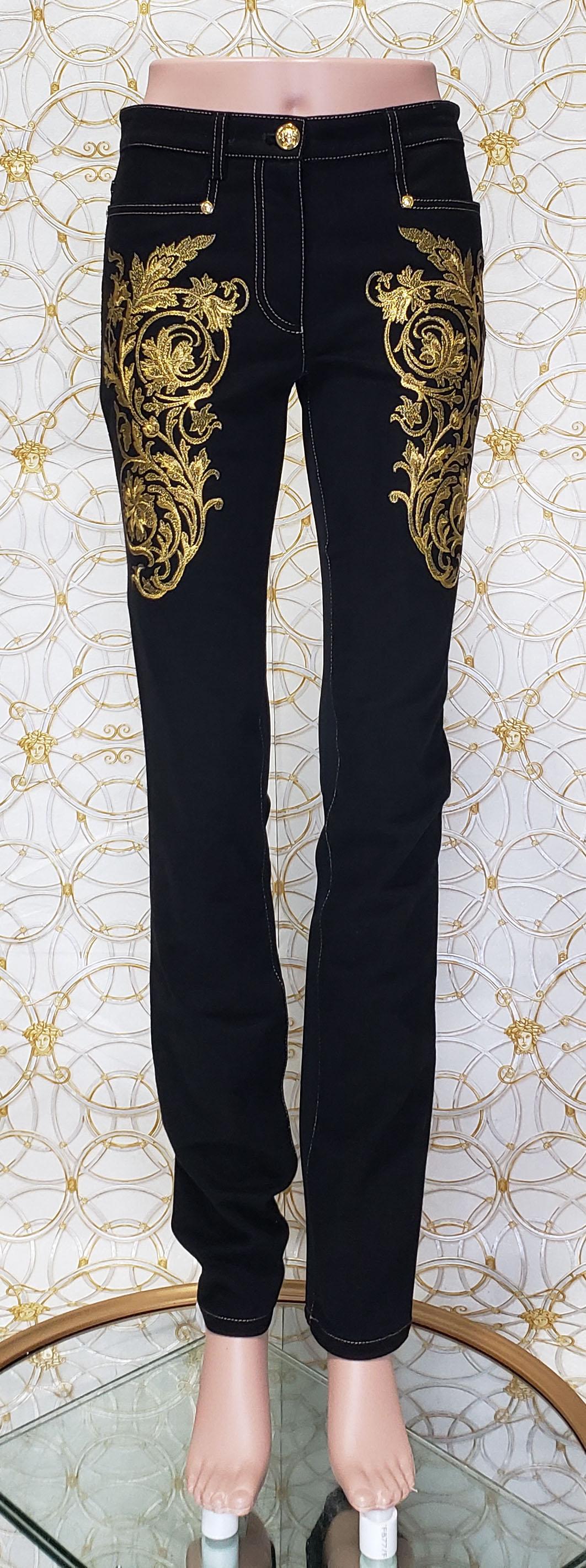 Black Pre-Fall 2013 L # 2 BRAND NEW VERSACE BAROQUE GOLD EMBROIDERED JEANS size 26 For Sale