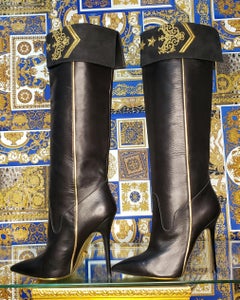 Pre-Fall 2013 L# 8 VERSACE MILITARY BLACK LEATHER KNEE BOOTS w/EMBROIDERY 40-10