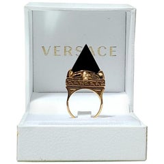 Pre-Fall 2015 VERSACE 24K GOLD PLATED BLACK AGATE GREEK KEY MEDUSA RING size 10