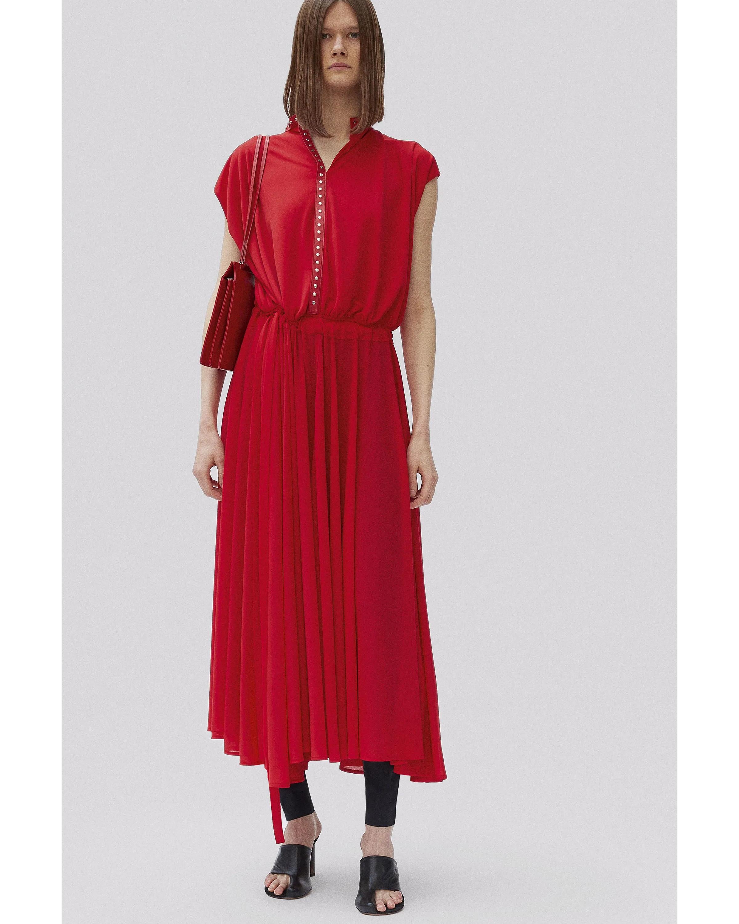 Pre-fall 2017 Old Céline by Phoebe Philo (Old Celine) reversible red cap sleeve silk dress. Semi-sheer crepe voile dress featuring a silver studded leather collar, which goes down the center back seam. On the left side of the waist are self-tie