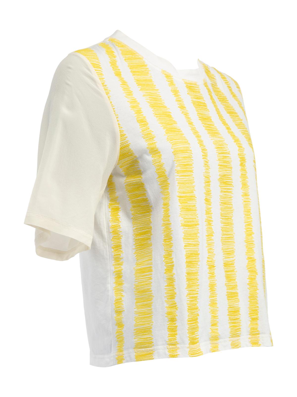 CONDITION is Very good. Hardly any visible wear to t-shirt is evident on this used 3. 1 Phillip Lim designer resale item. Details Cream and yellow Cotton and silk T-shirt Slightly cropped Short silk sleeves Round neckline Yellow stripped embroidery