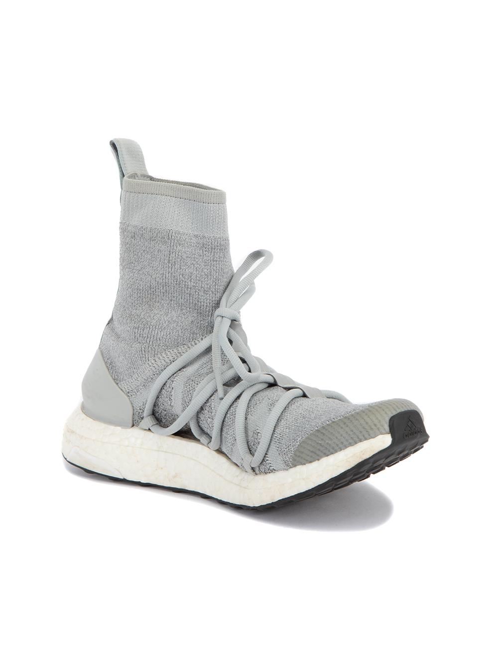 CONDITION is Very good. Hardly any visible wear to shoes is evident. Minor dirt marks along the platform of the shoes is seen on this used Adidas by Stella McCartney designer resale item. Details Grey Cloth Sock style High top Ultra boost Lace up