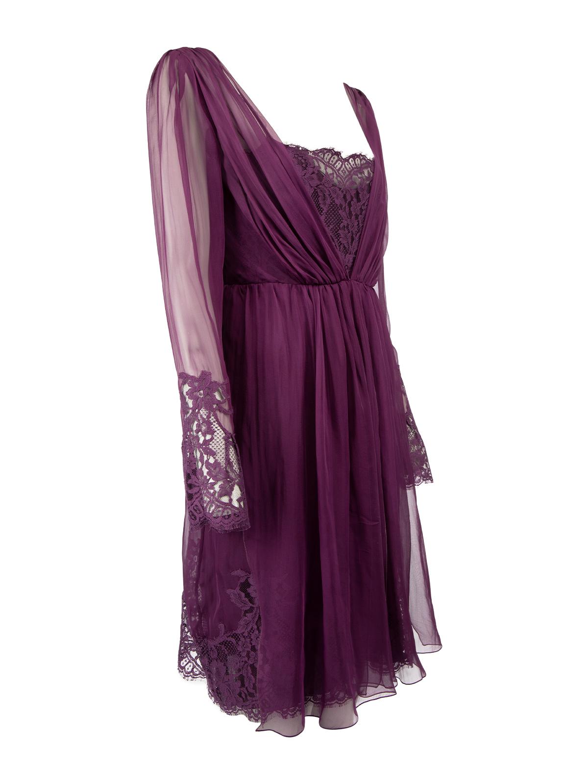 CONDITION is Very good. Hardly any visible wear to dress is evident on this used Alberta Ferreti designer resale item. Details Purple Silk Lace dress V neckline Sleeveless Gathering detail on front Single vent on front Side zip fastening with hook