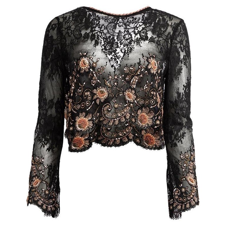 Pre-Loved Alessandra Rich Women's Black Lace Bead Embellished Cropped Top  For Sale at 1stDibs
