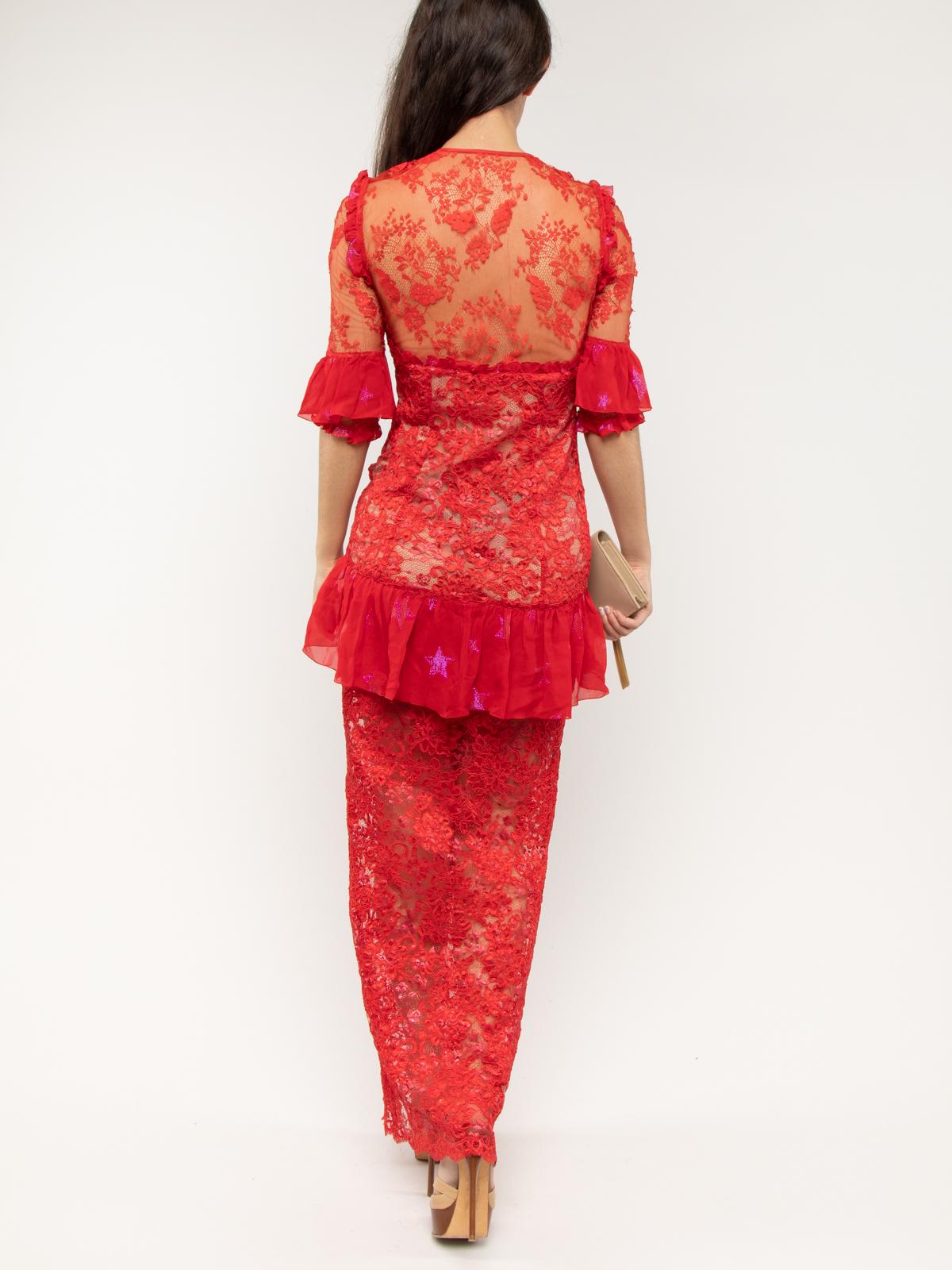 Red Pre-Loved Alessandra Rich Women's Peplum Lace Dress