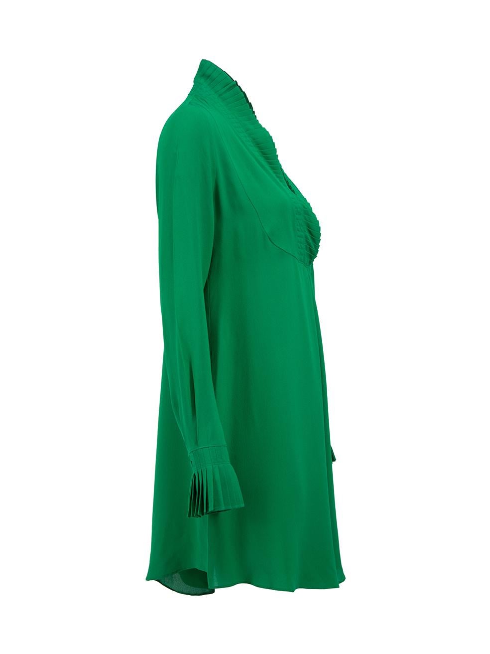 CONDITION is Very good. Hardly any visible wear to dress is evident on this used Alexander McQueen designer resale item. Details 2012 Green Silk Mini dress Plunge neckline Buttoned cuffs Pleats detailing on cuffs and neckline Made in Italy