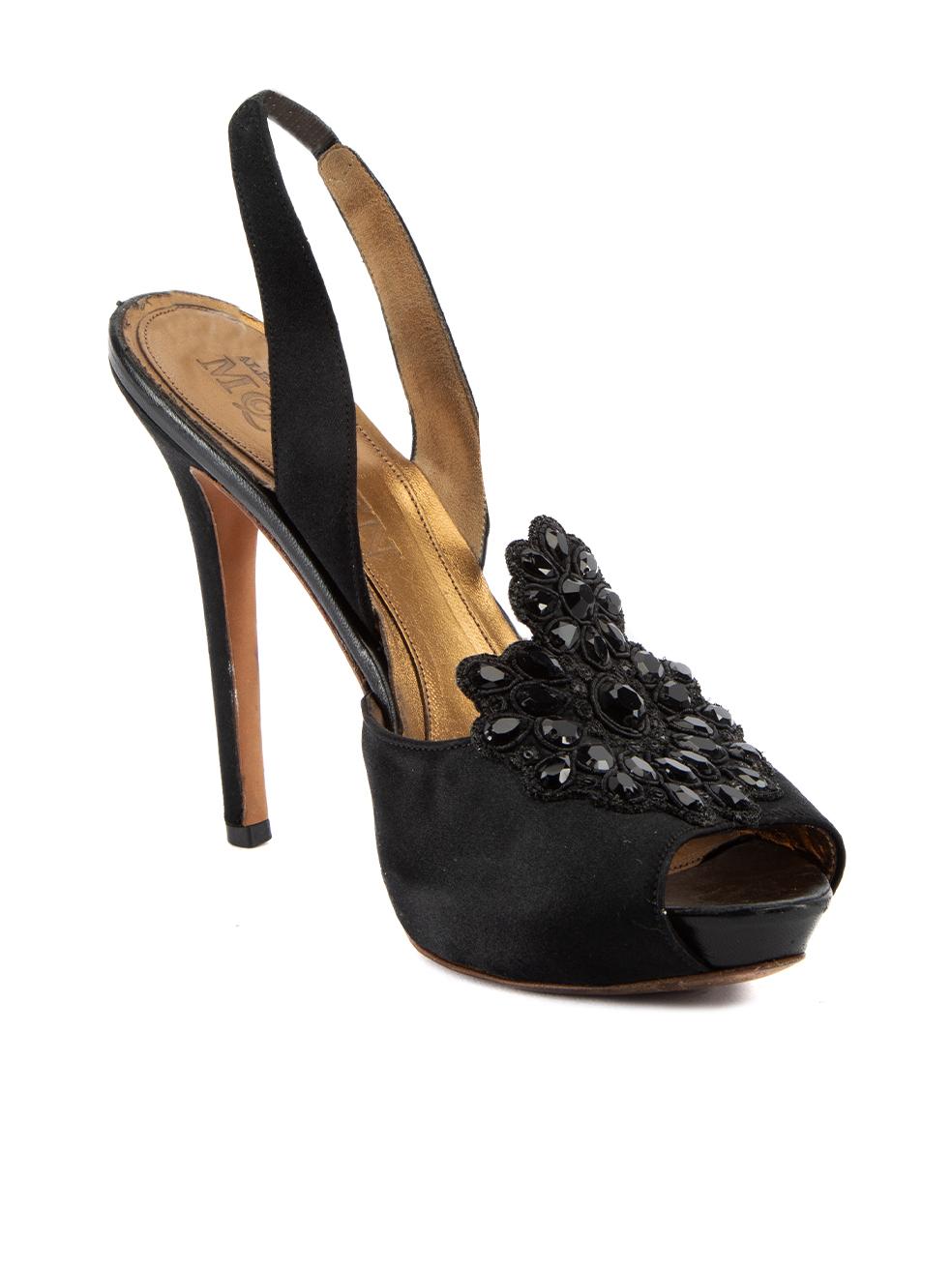 CONDITION is Very good. Minimal wear to shoes is evident. Marks on the soles is seen on this used Alexander McQueen designer resale item. Details Black Satin Peep toe Platform high heel Floral gemstone embellishment Slingback Made in Italy