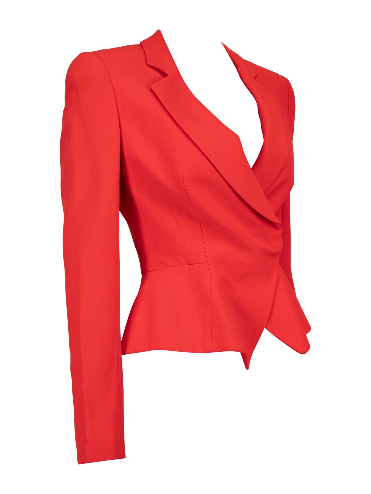 CONDITION is Very good. Hardly any visible wear to blazer is evident on this used Alexander Mcqueen designer resale item. Details Red Acetate, rayon blend Slightly cropped hem Long sleeves Fitted Double button fastening Round collar Acetate, silk