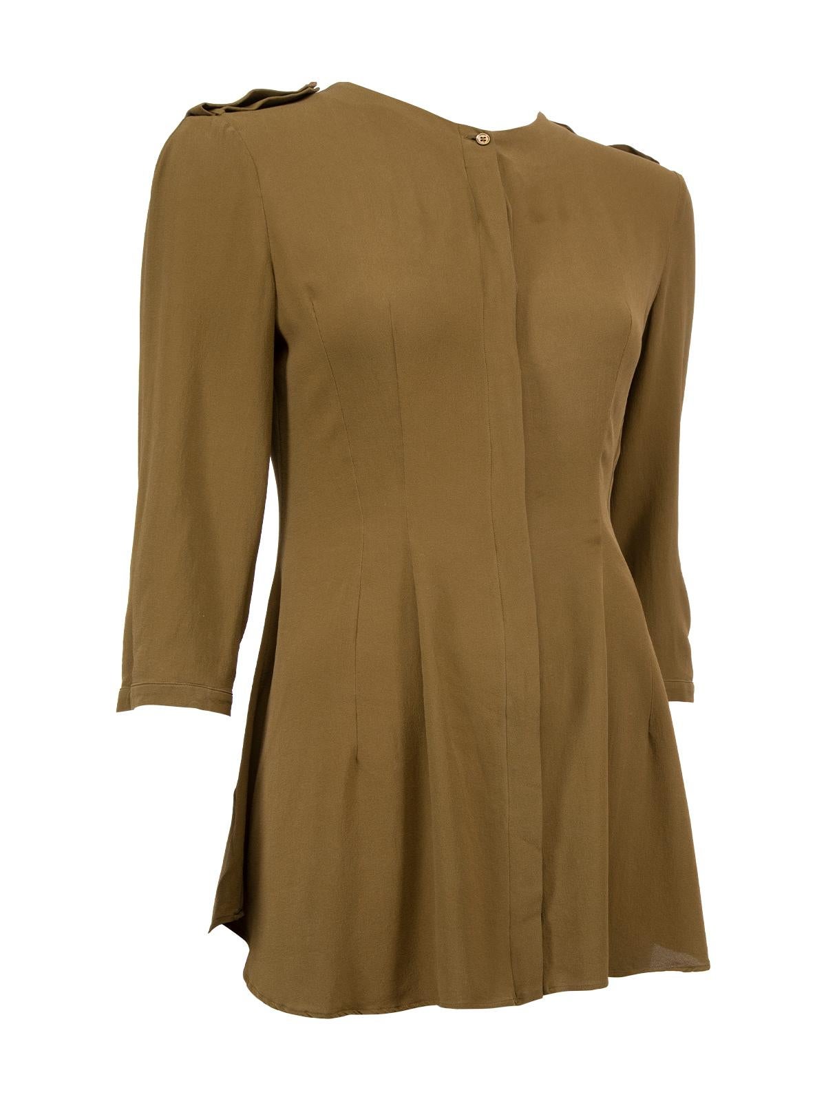 CONDITION is Very good. Hardly any visible wear to blouse is evident on this used Alexander McQueen designer resale item. Details Khaki Silk Loose-fit 3/4 sleeves Longline Button up Made in Italy Composition 100% Silk Care instructions: Professional