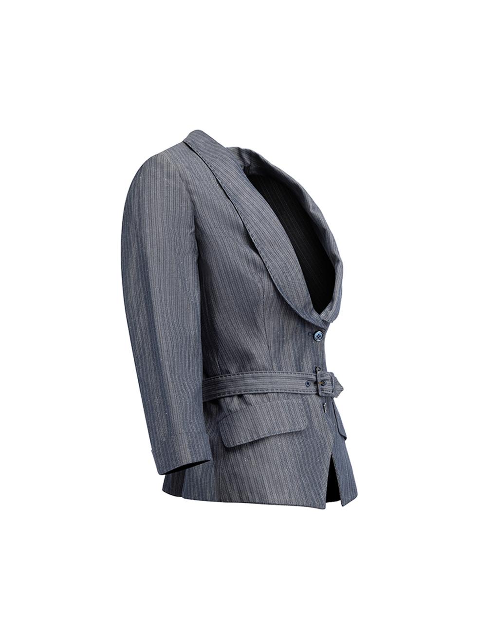 CONDITION is Very good. Hardly any visible wear to jacket is evident. Minimal pilling to exterior fabric on this used Alexander McQueen designer resale item. Details Greyish navy Cotton Pinstripe pattern Fitted blazer Mid length sleeve Single