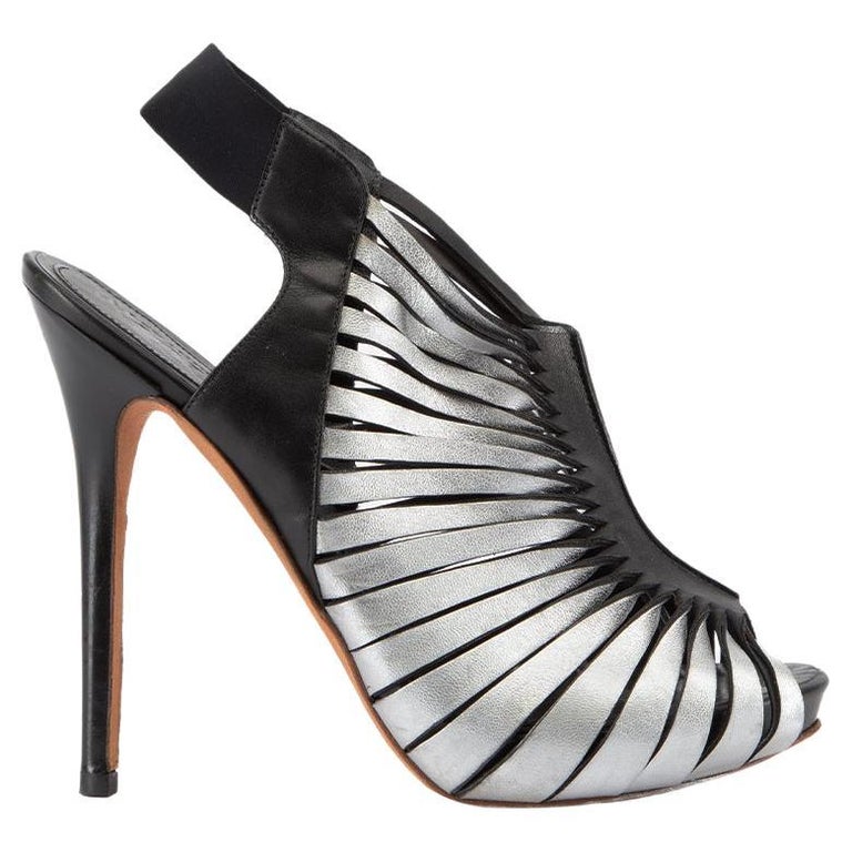 Pre-Loved Alexander McQueen Women's Silver and Black Strappy Slingback Heels  at 1stDibs | alexander mcqueen stilettos, alexander mcqueen silver heels