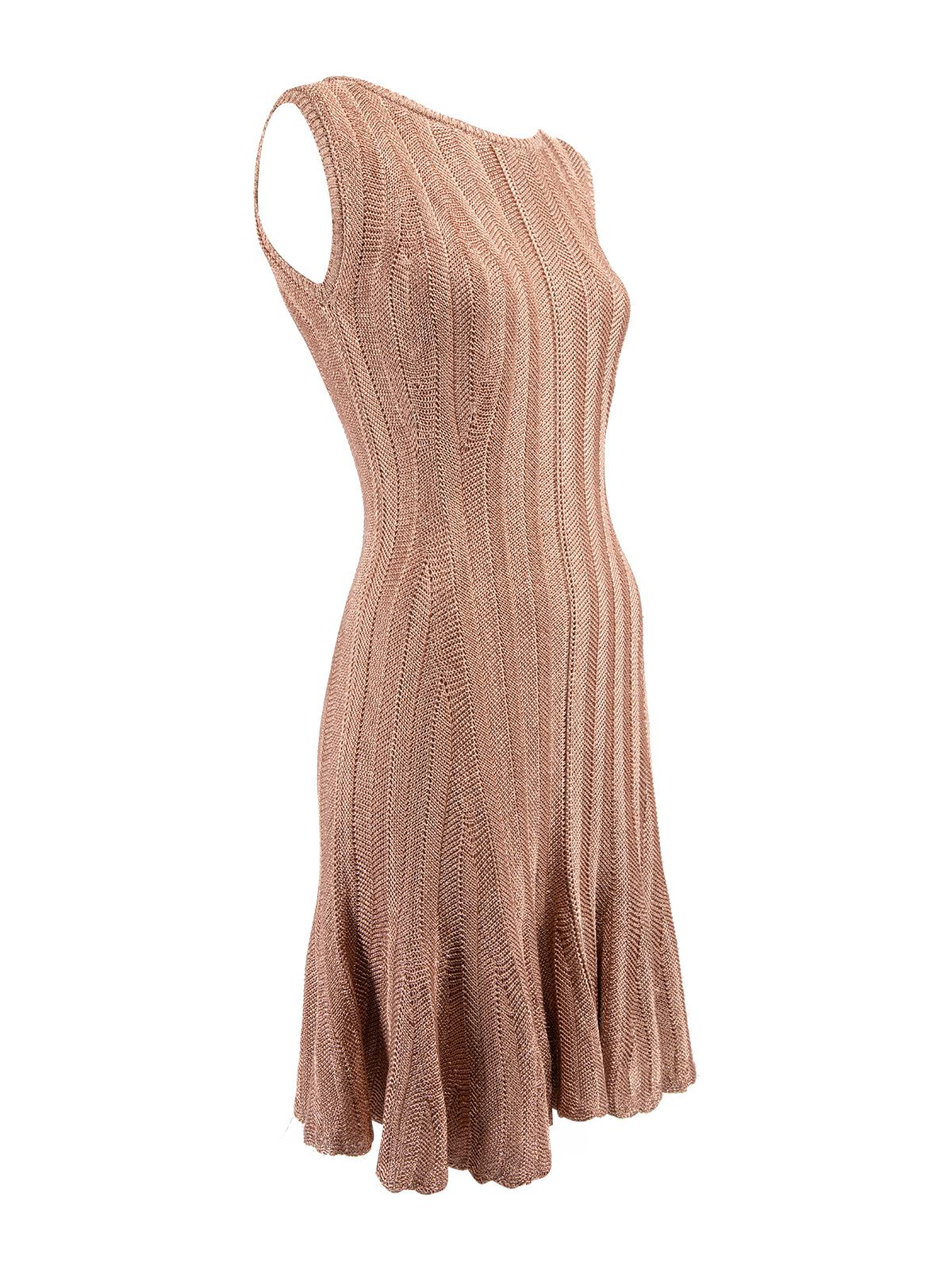CONDITION is Very good. Minimal wear to dress is evident. Minimal wear to outer fabric and loose threads to the hemline on this used Alexander McQueen designer resale item. Details Metallic pink Viscose Sleeveless dress Body con Flared skirt Striped