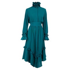 Pre-Loved Alexandre Vauthier Women's Teal Frill Tie Neck Midi Long Sleeve Dress