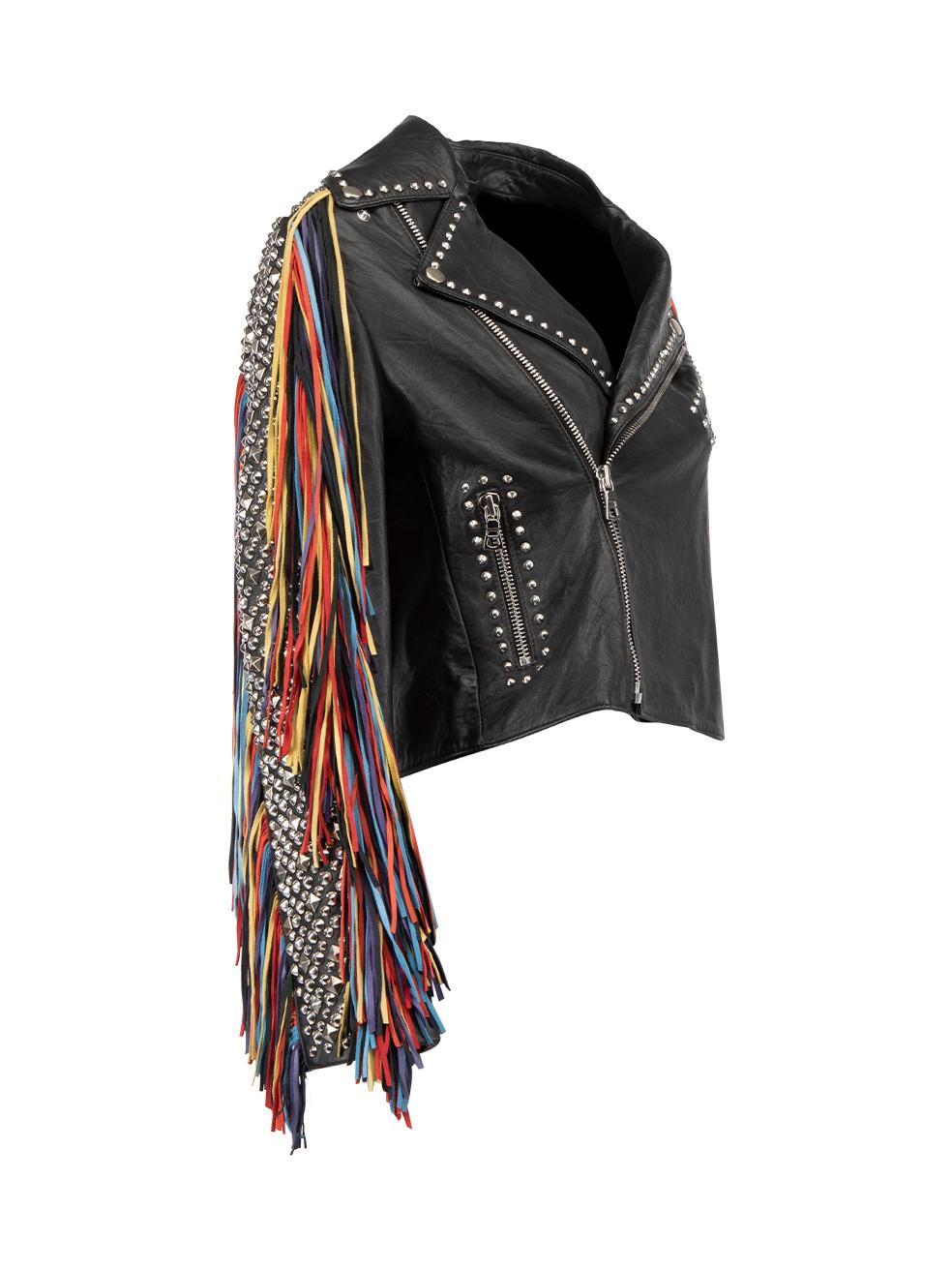CONDITION is Very good. Minimal wear to jacket is evident. Minimal wear to suede fringe detail which looks slightly faded/worn on this used Alice+Olivia designer resale item. Details Black and multicolour Leather Jacket Biker cropped jacket Silver
