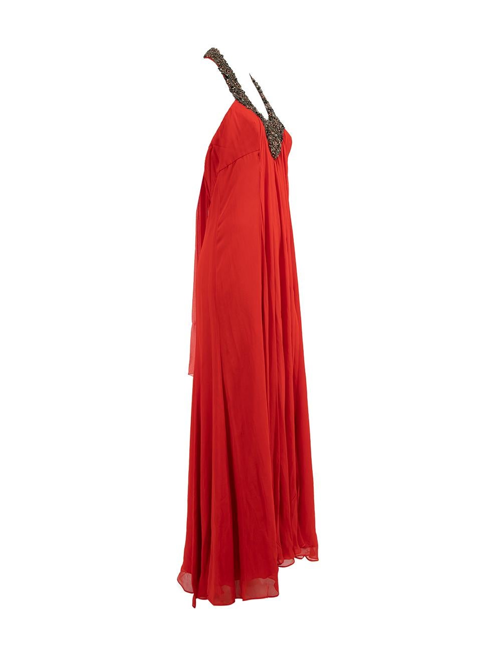 CONDITION is Very good. Minimal wear to dress is evident. There are a few scratches and loose thread/sequins on this used Amanda Wakeley designer resale item. Details Red Silk Evening gown Maxi length Sleeveless Halter neck Tie neck Sequins and