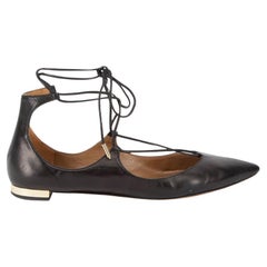 Pre-Loved Aquazzura Women's Black Leather Pointed Toe Tie Strap Flats