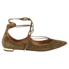 Pre-Loved Aquazzura Damen flache Krawattenriemen aus Khaki Wildleder mit spitzer Zehe
