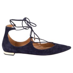 Pre-Loved Aquazzura Women
s Navy Suede Pointed Toe Tie Strap Flats