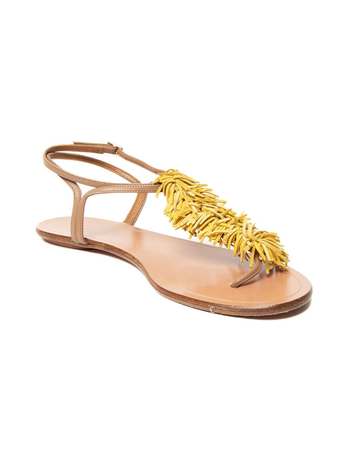 CONDITION is Good. Some wear to sandals is evident. Wear to outersole and edges on this used Aquazzura designer resale item. Details Yellow Leather Tassel embellishment on front Slingback Buckle fastening Leather insoles embossed with Aquazura logo