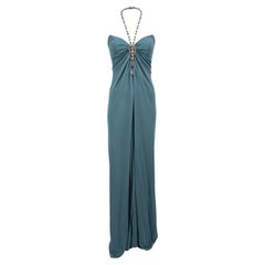 Pre-Loved Azzaro Women's Blue Strapless Maxi Dress with Faux Jewels