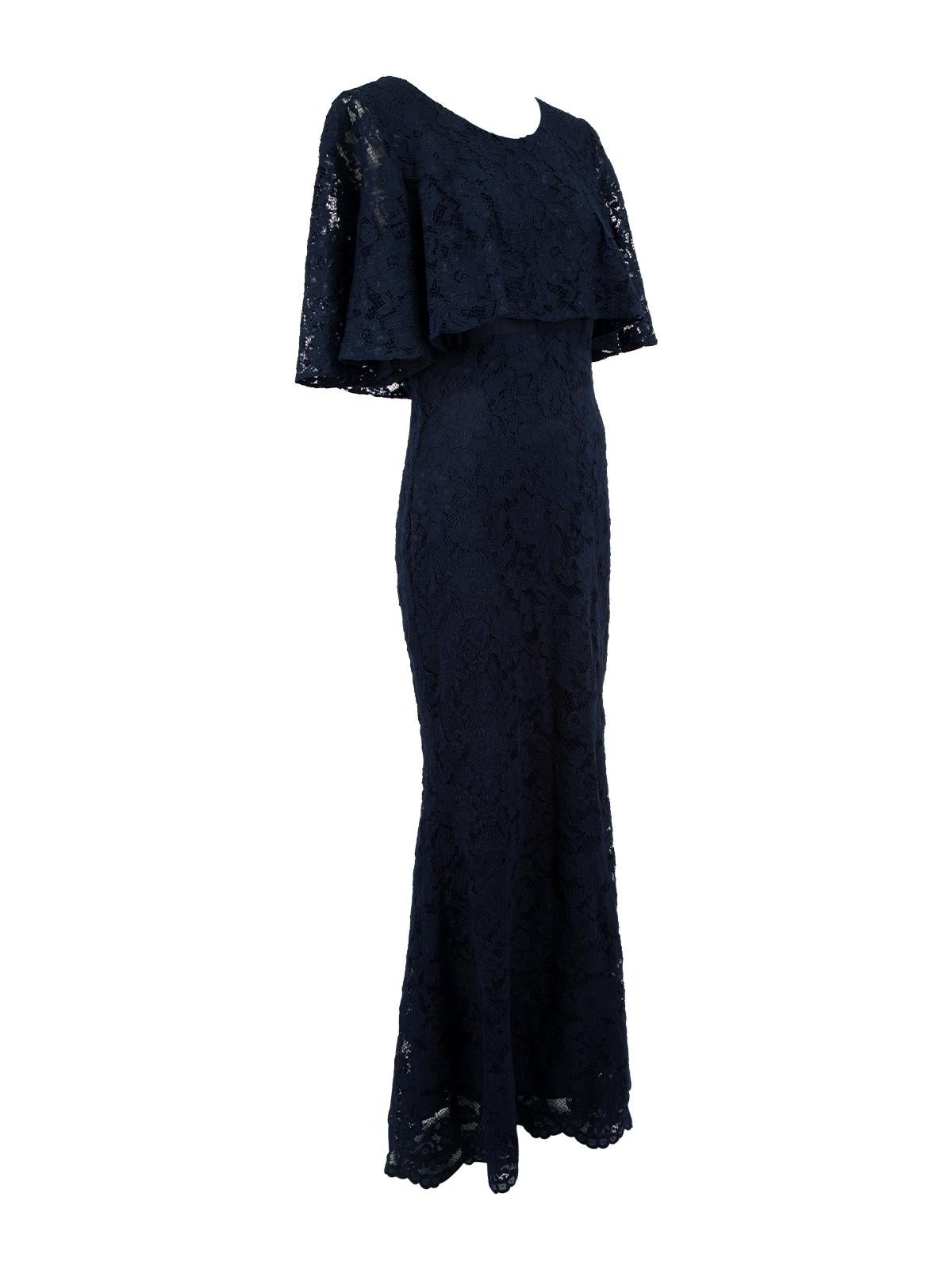 CONDITION is Very good. Hardly any visible wear to dress is evident on this used Badgley Mishka designer resale item. Details Navy blue Lace Maxi dress Round neckline Floral lace detail Layered top Short flutter sleeves Back zip fastening with hook