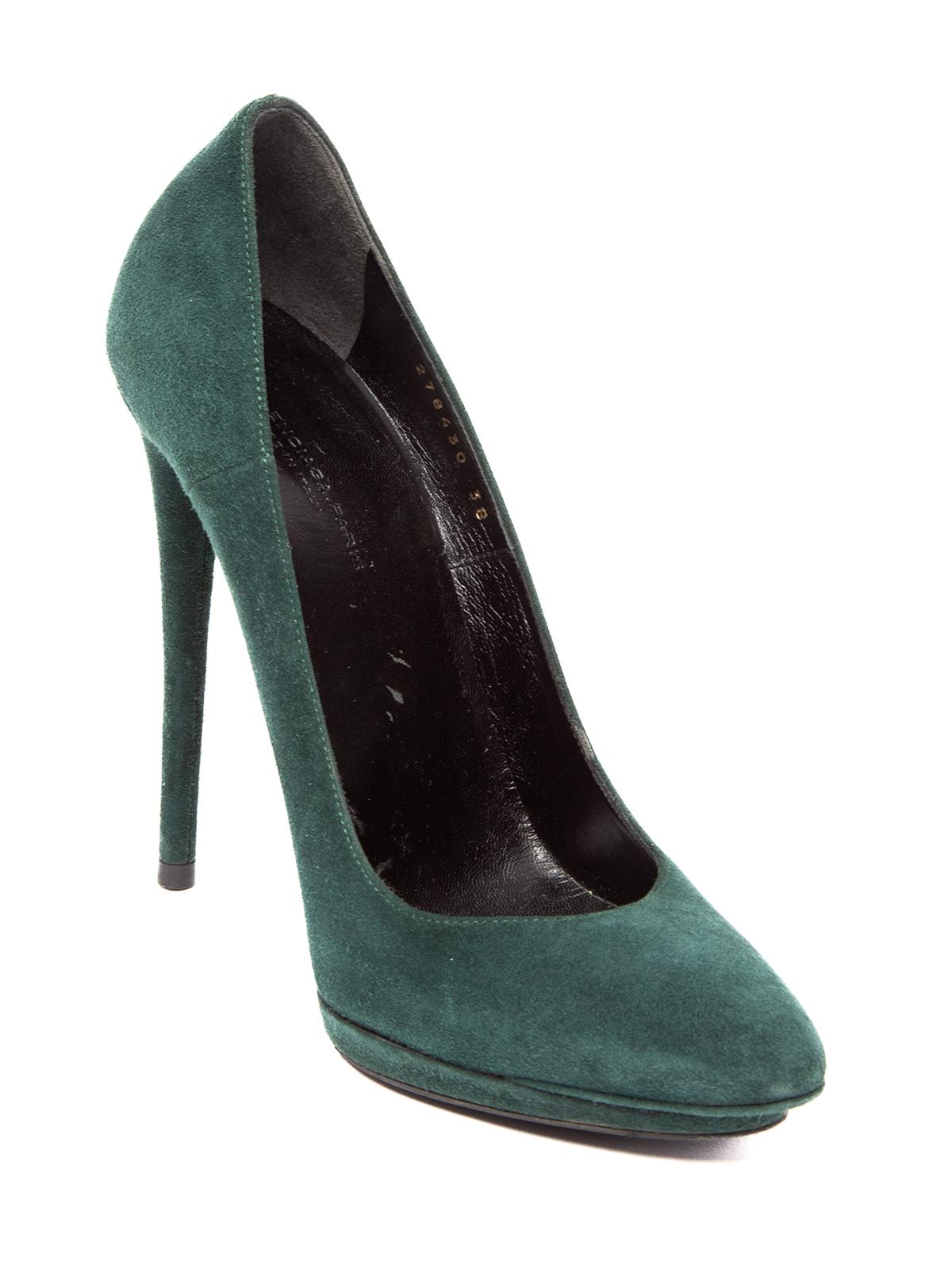 CONDITION is Good. With light visible signs of wear to the heel stemp, insoles and the exterior suede material on this used Balenciaga designer resale item. Details Green Suede Small Platform High Heel Made in Italy Composition EXTERIOR: Suede