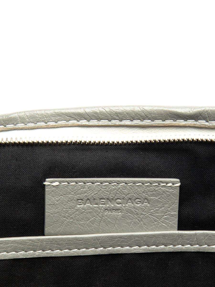 Pre-Loved Balenciaga Women's Bazar Striped Clutch Bag Grey Leather In Good Condition In London, GB