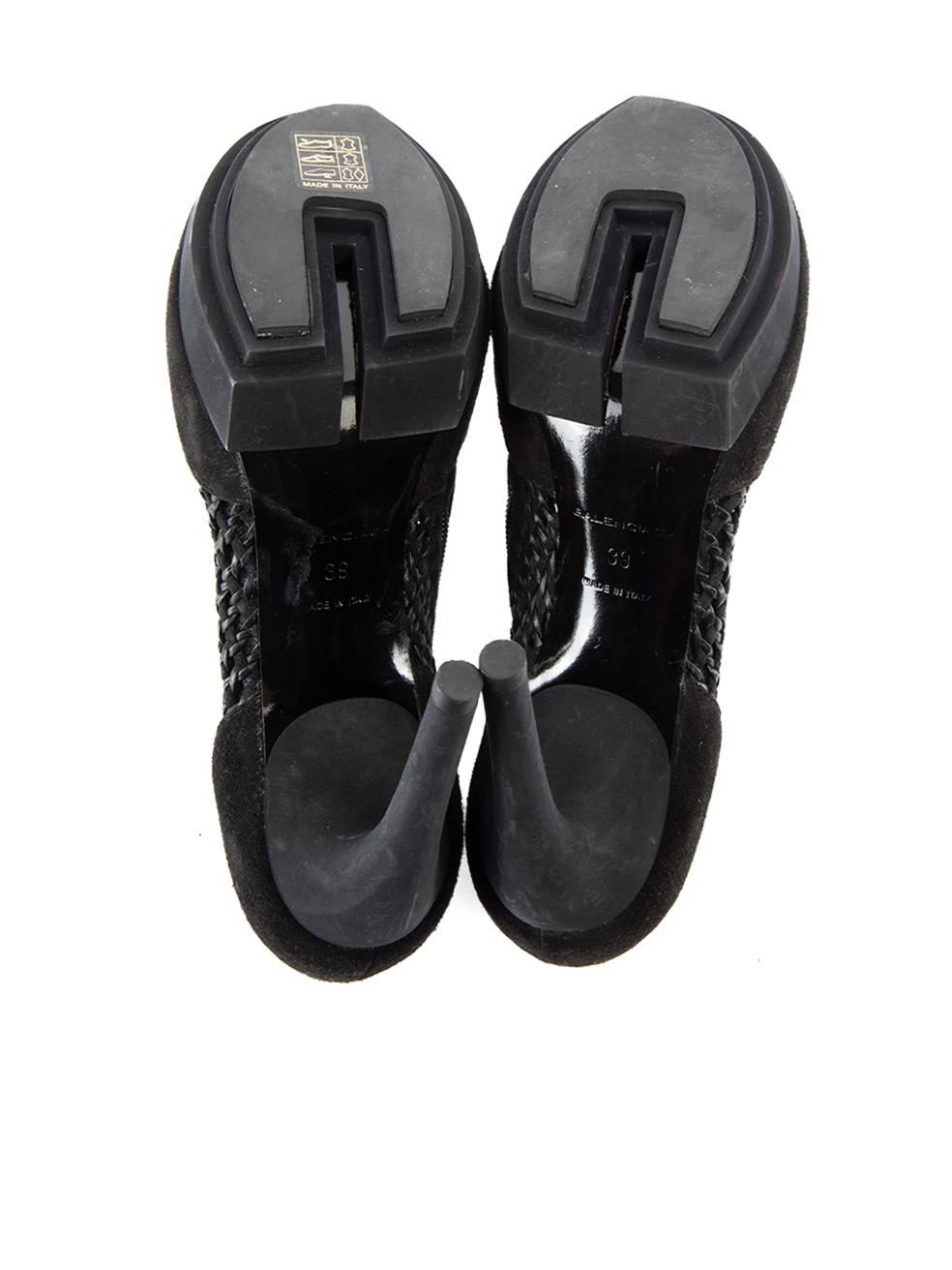 Pre-Loved Balenciaga Women's Black Leather Woven Platform Booties 1