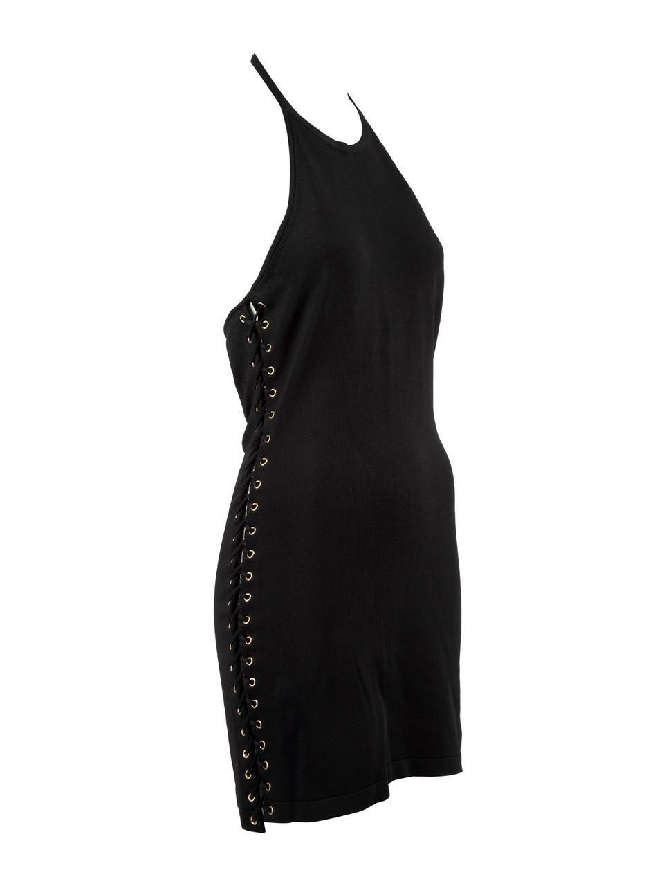 CONDITION is Very good. Hardly any visible wear to dress is evident apart for few tiny pulls to thread on this used Balmain designer resale item. Details Black Viscose Halter dress Figure hugging Sleeveless Halter neck Lace up detail on sides Back