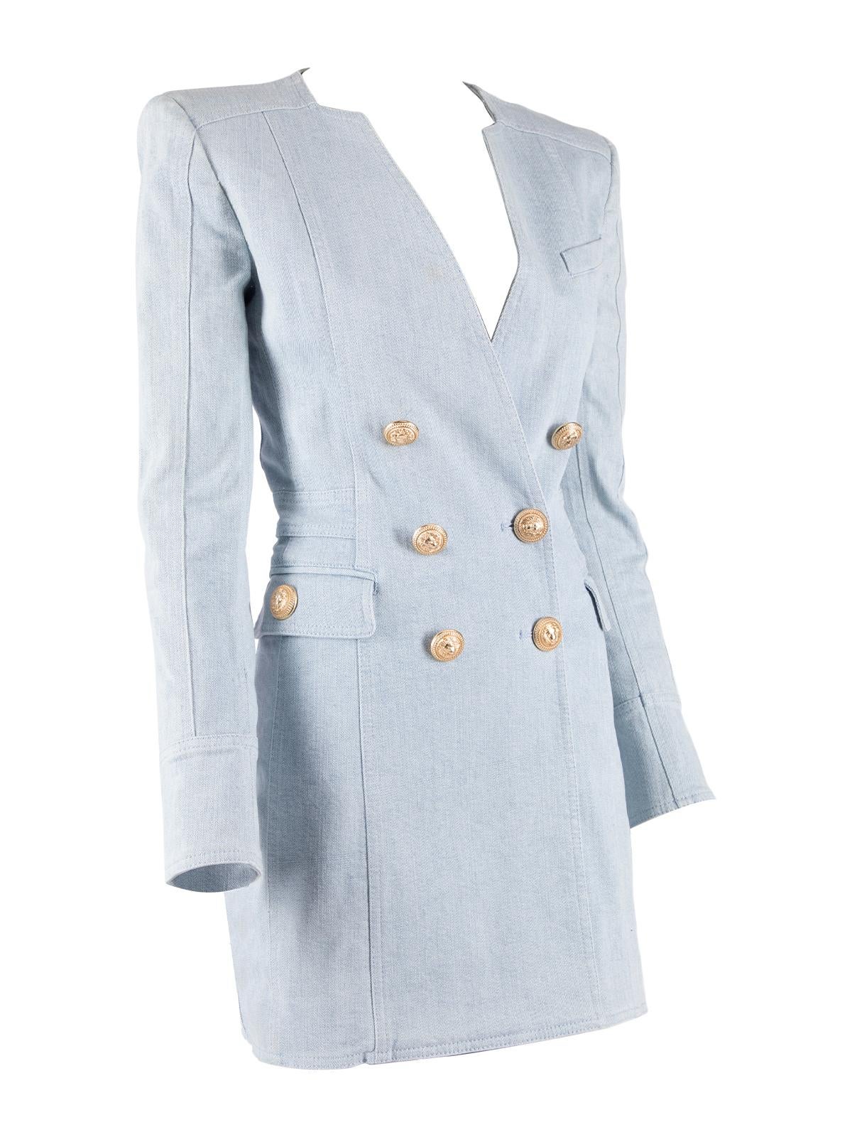 CONDITION is Very good. Hardly any visible wear to dress is evident on this used Balmain designer resale item. Details Blue Cotton Blazer dress Form fitting Long sleeve Denim V-neck 2x exterior pockets Front button and back zipper fastening Made in