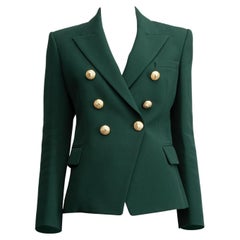 Pre-Loved Balmain Women's Dark Green Double Breasted Blazer with Gold buttons