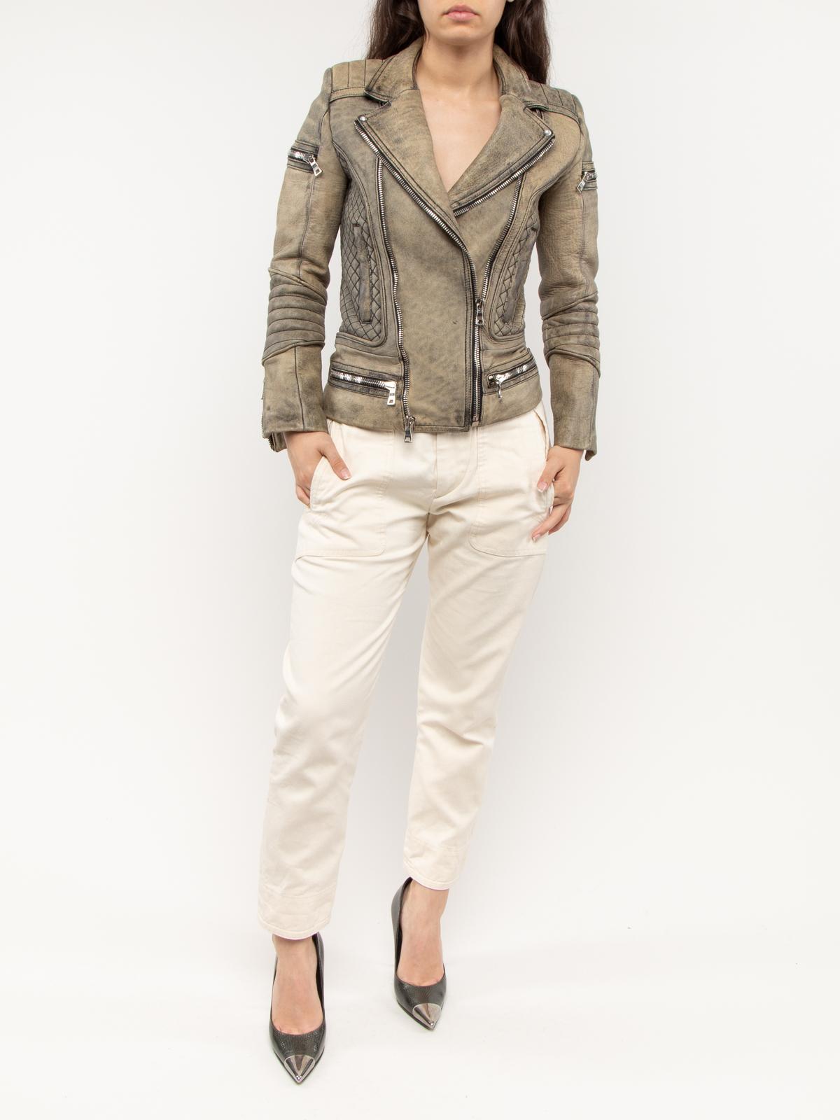 CONDITION is Good. Some wear to jacket is evident. Natural creasing to leather on this used Balmain designer resale item. Details Colour - beige/grey Style- biker jacket Fit - figure-hugging Sleeves- long Fastening - zip at front Interior lining -