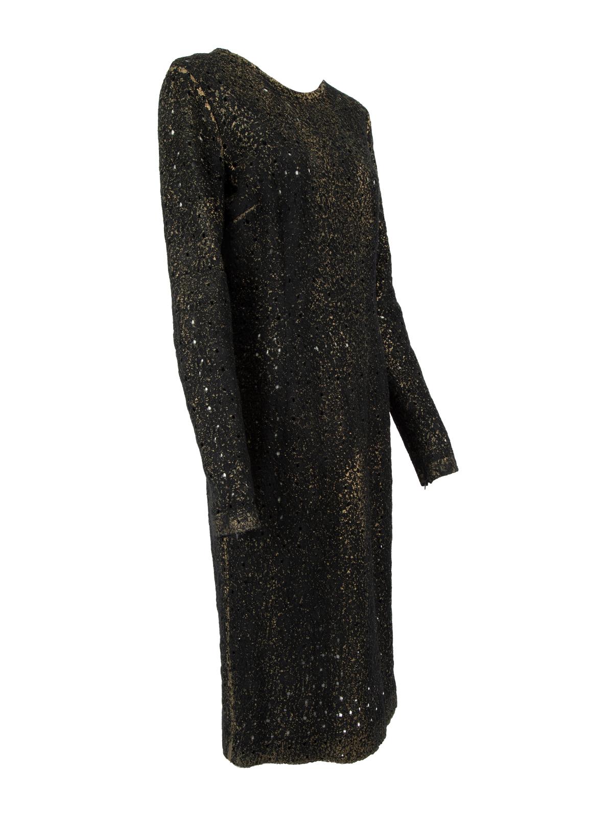 CONDITION is Very good. Hardly any visible wear to dress is evident on this used Bottega Veneta designer resale item. Details Black and gold Viscose Midi dress Perforated design Long sleeves Zip detail on cuffs Round neckline Back zip fastening