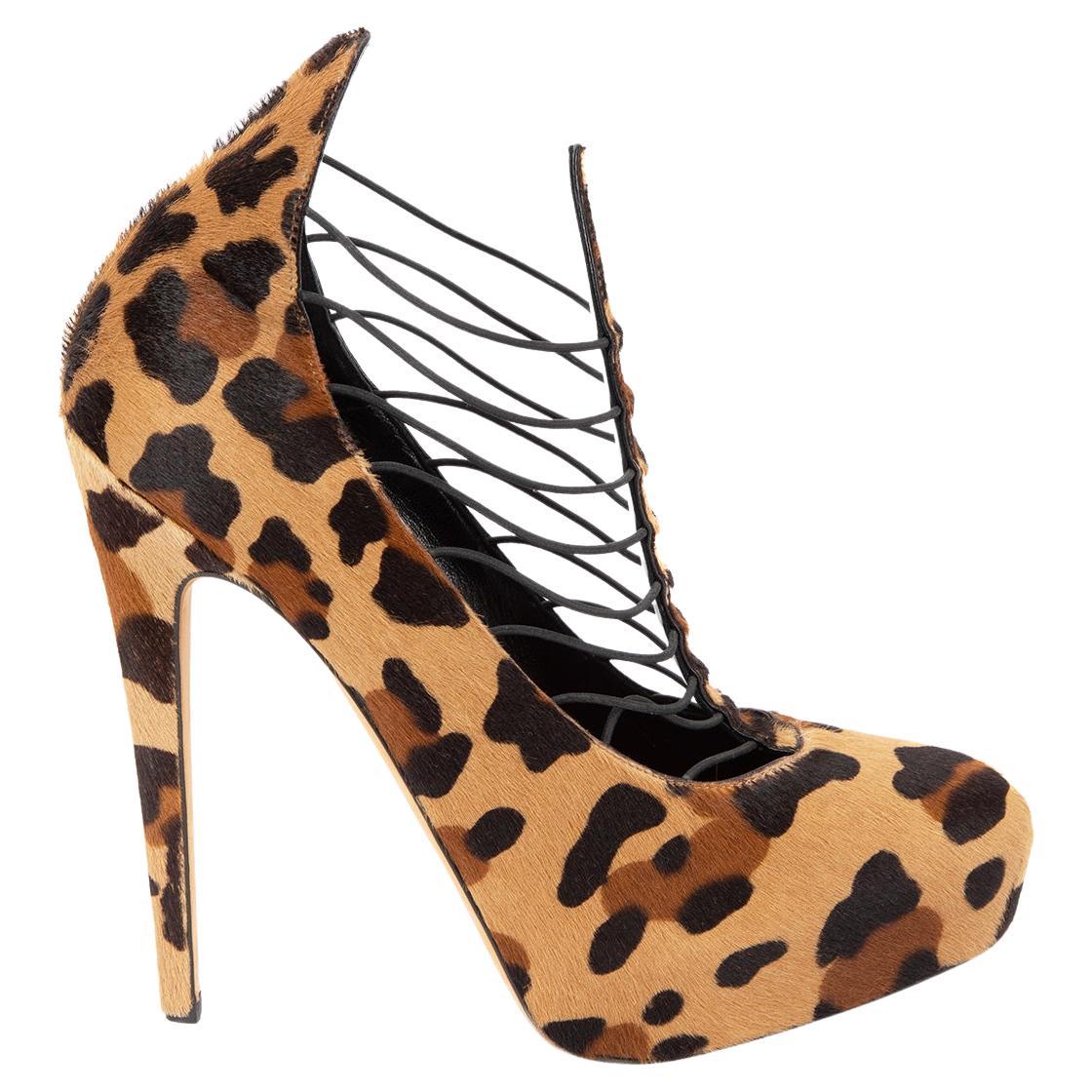 Pre-Loved Brian Atwood Women's Ponyhair Leopard Strappy Elastic Lola Platform For Sale