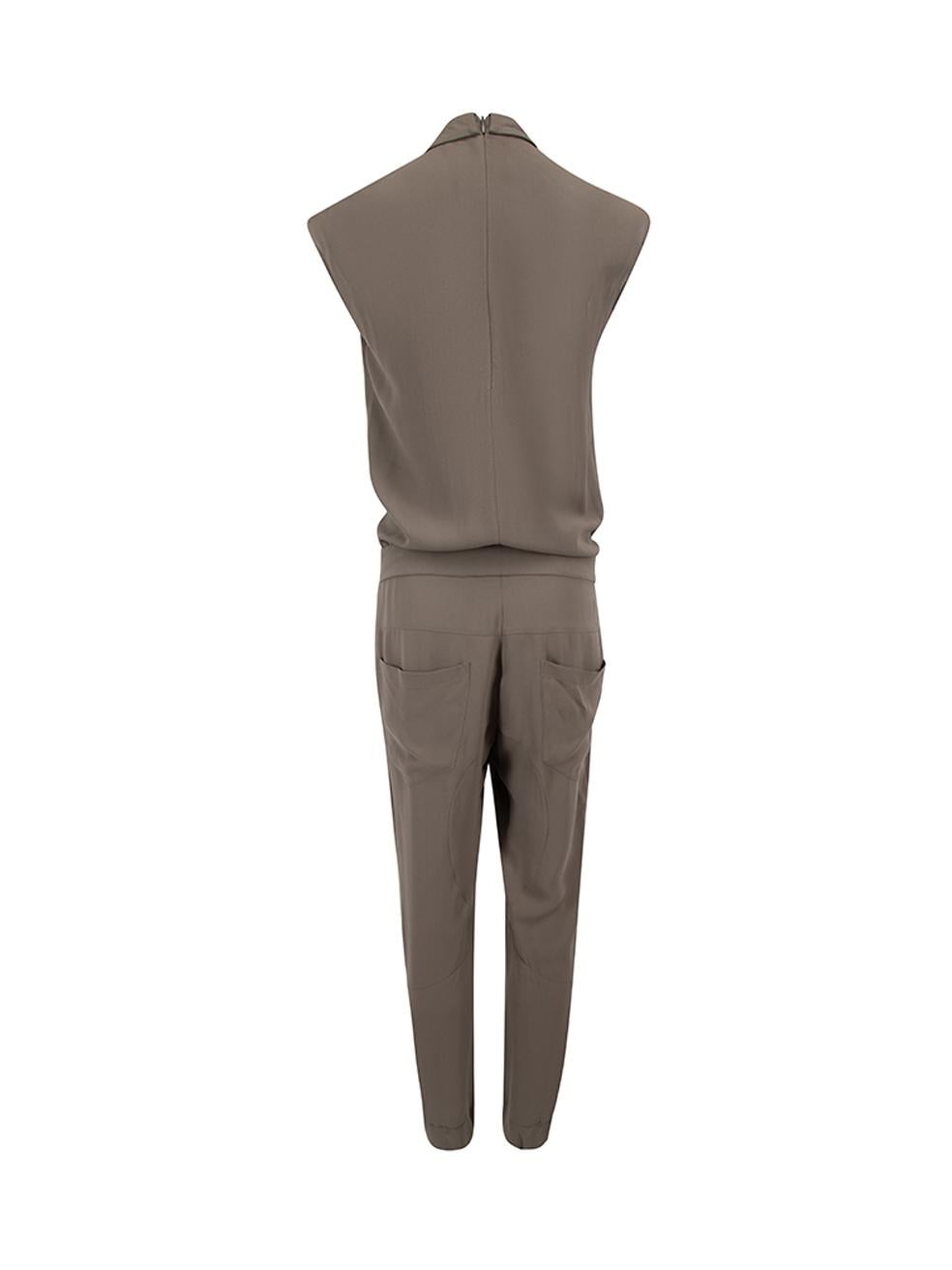 CONDITION is Very good. Hardly any visible wear to jumpsuit is evident. There is a small mark on the left shoulder on this used Brunello Cucinelli designer resale item. Details Brown Silk Sleeveless jumpsuit Elasticated waistband and leg hem Square