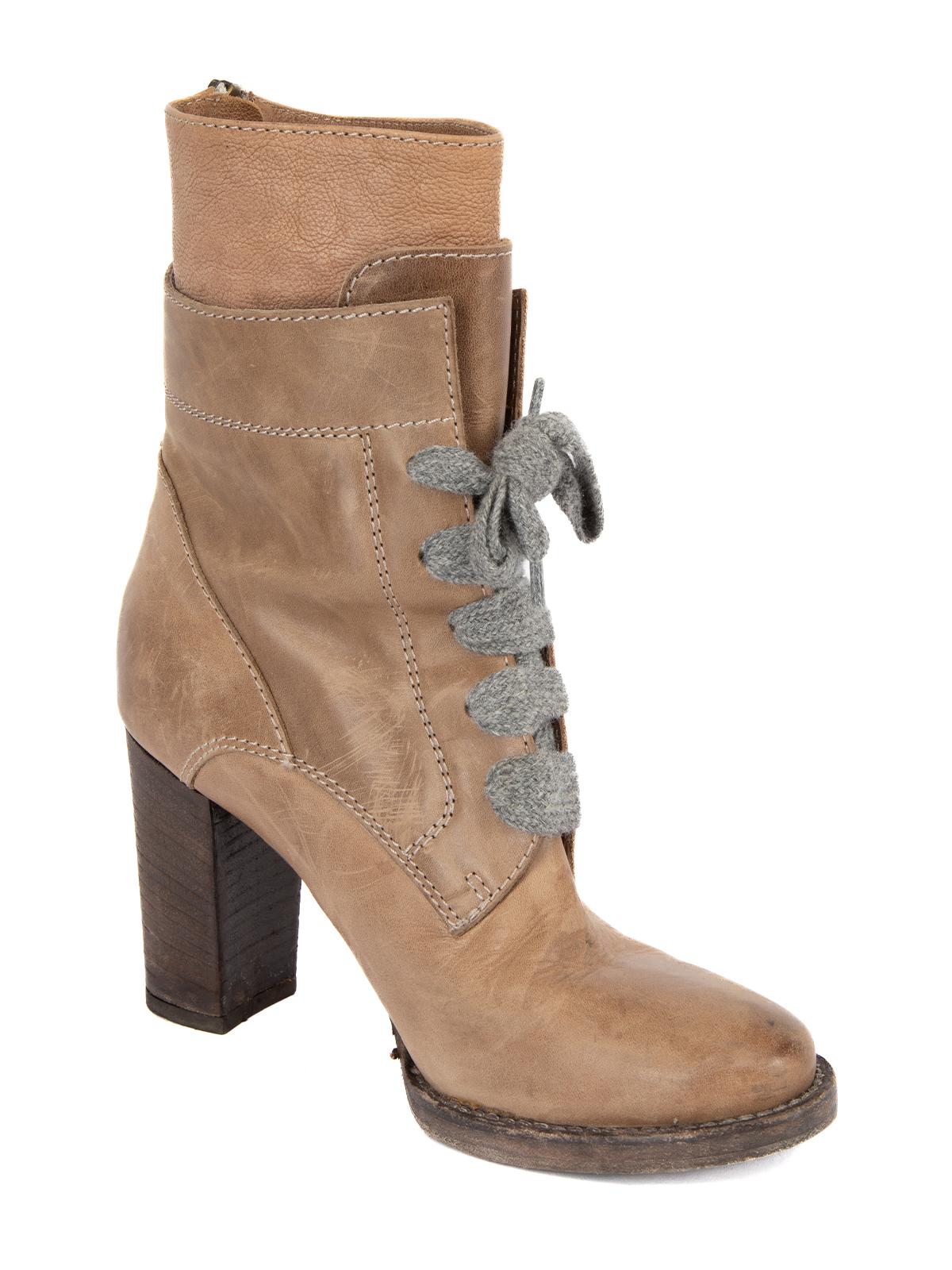 CONDITION is Very good. Minimal wear to boots is evident. Minimal wear to outsole on this used Brunello Cucinelli designer resale item. The scuffs/marks seen on these boots are part of the design. Details Brown Leather Lace up Ankle boot Block heel