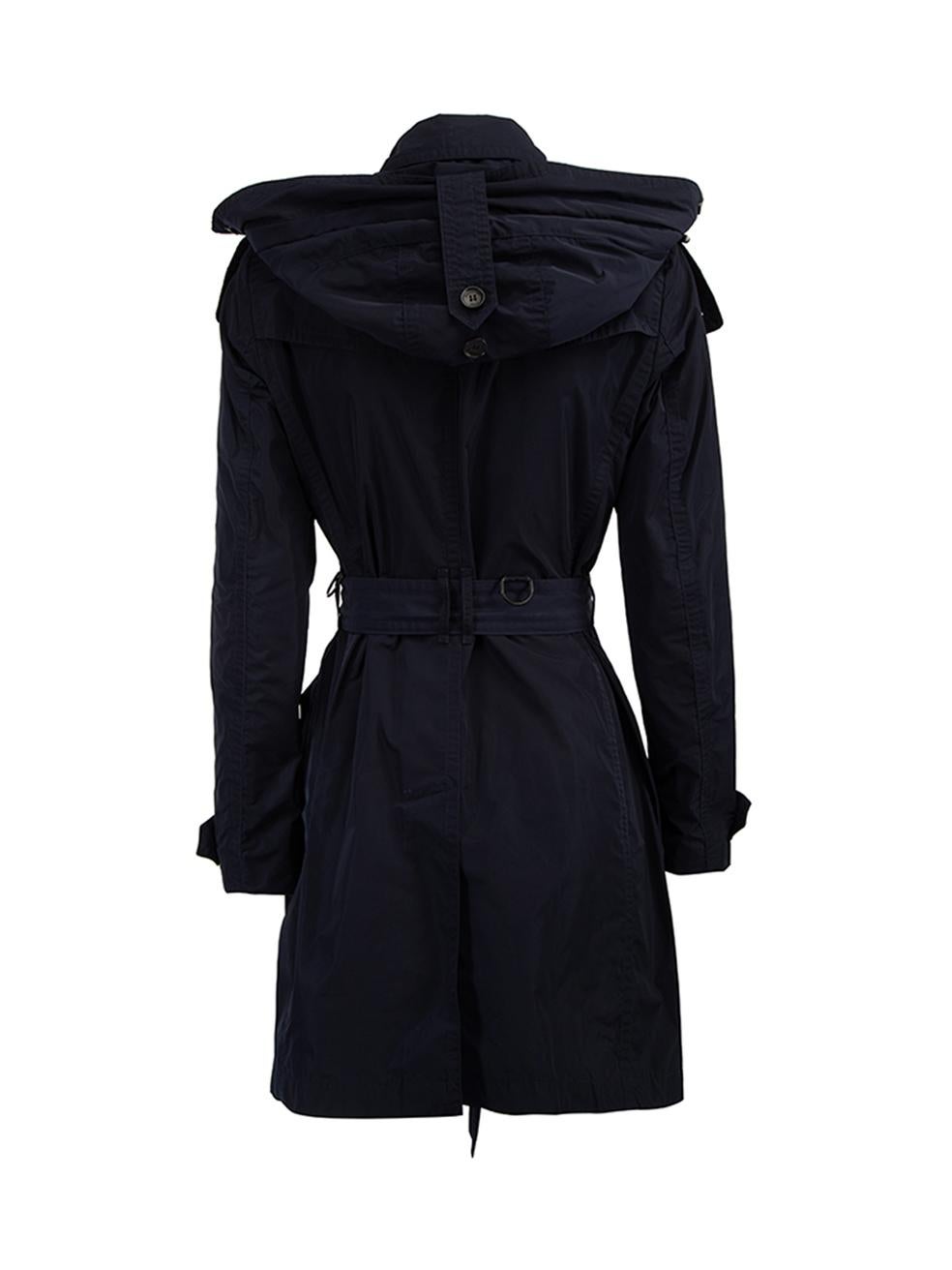 Pre-Loved Burberry Brit Women's Navy Hooded Double Breasted Trench Coat In Excellent Condition In London, GB