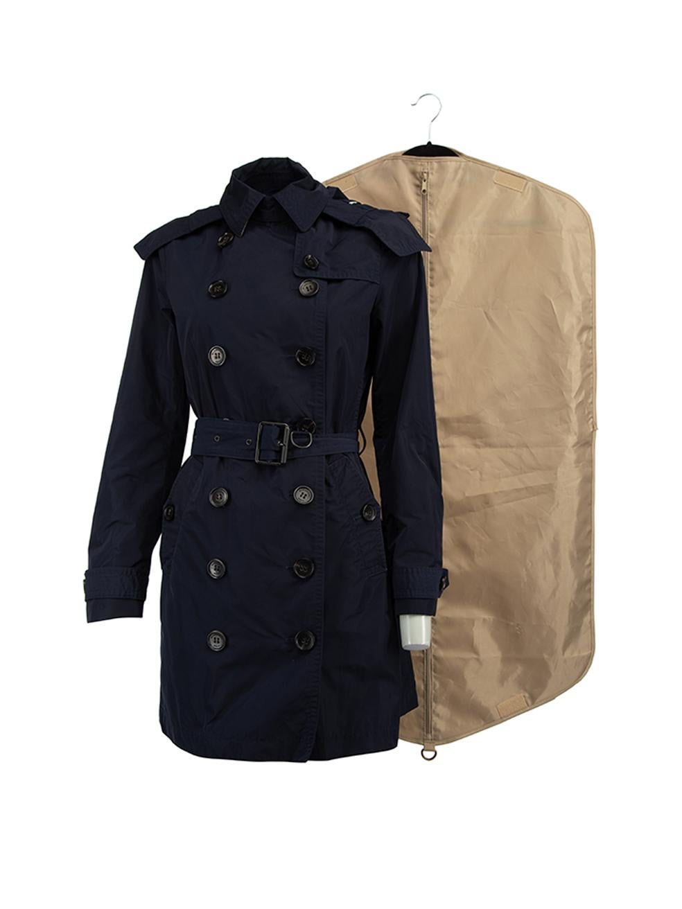 Pre-Loved Burberry Brit Women's Navy Hooded Double Breasted Trench Coat 2