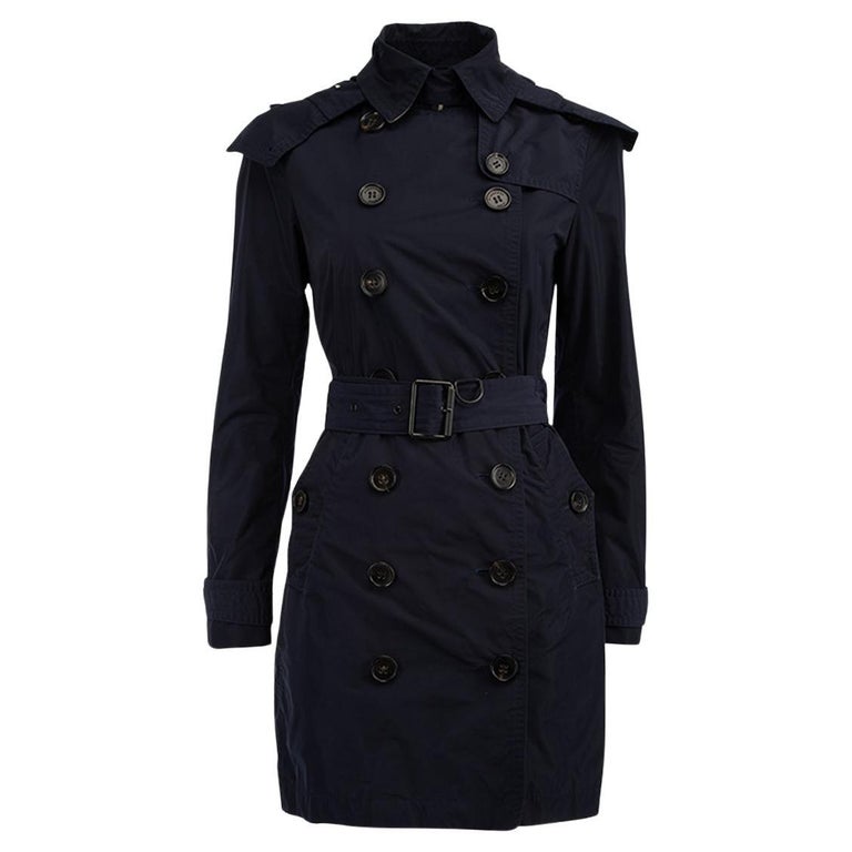 Pre-Loved Burberry Brit Women's Navy Hooded Double Breasted Trench Coat For  Sale at 1stDibs