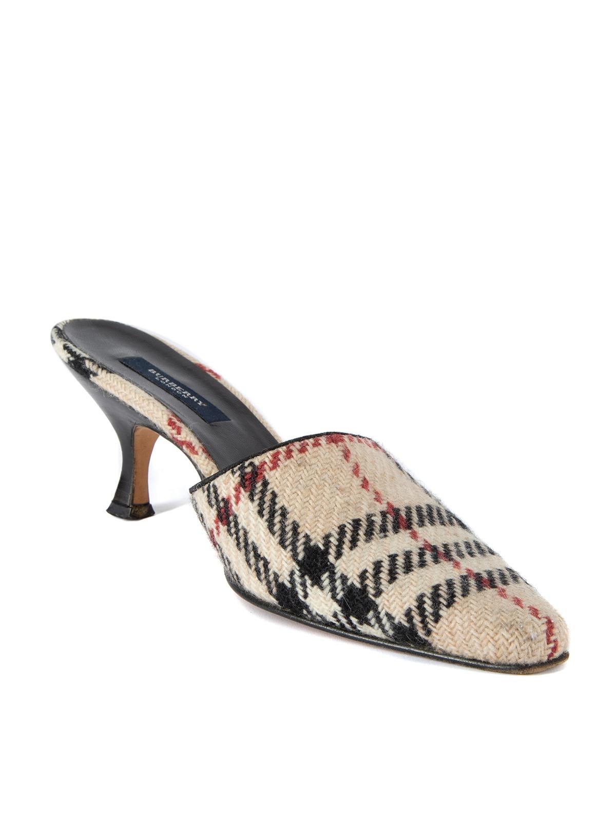 CONDITION is Very good. Minimal wear to heels is evident. Minimal wear to outer tweed material and the outsole on this used Burberry designer resale item. Details Multicolour- Beige, black and red Tweed Mules Pointed toe Kitten heel Checked pattern