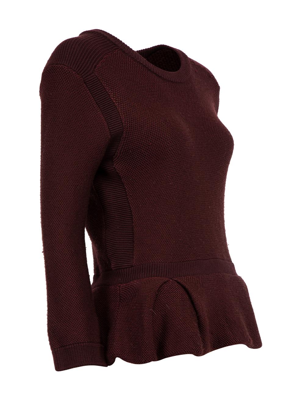 CONDITION is Very good. Minimal wear to jumper is evident. Mioderate signs of pilling and loose threads seen all over on this used Burberry London designer resale item. Details Burgundy Synthetic Knitted jumper Long sleeves Crew neckline Peplum