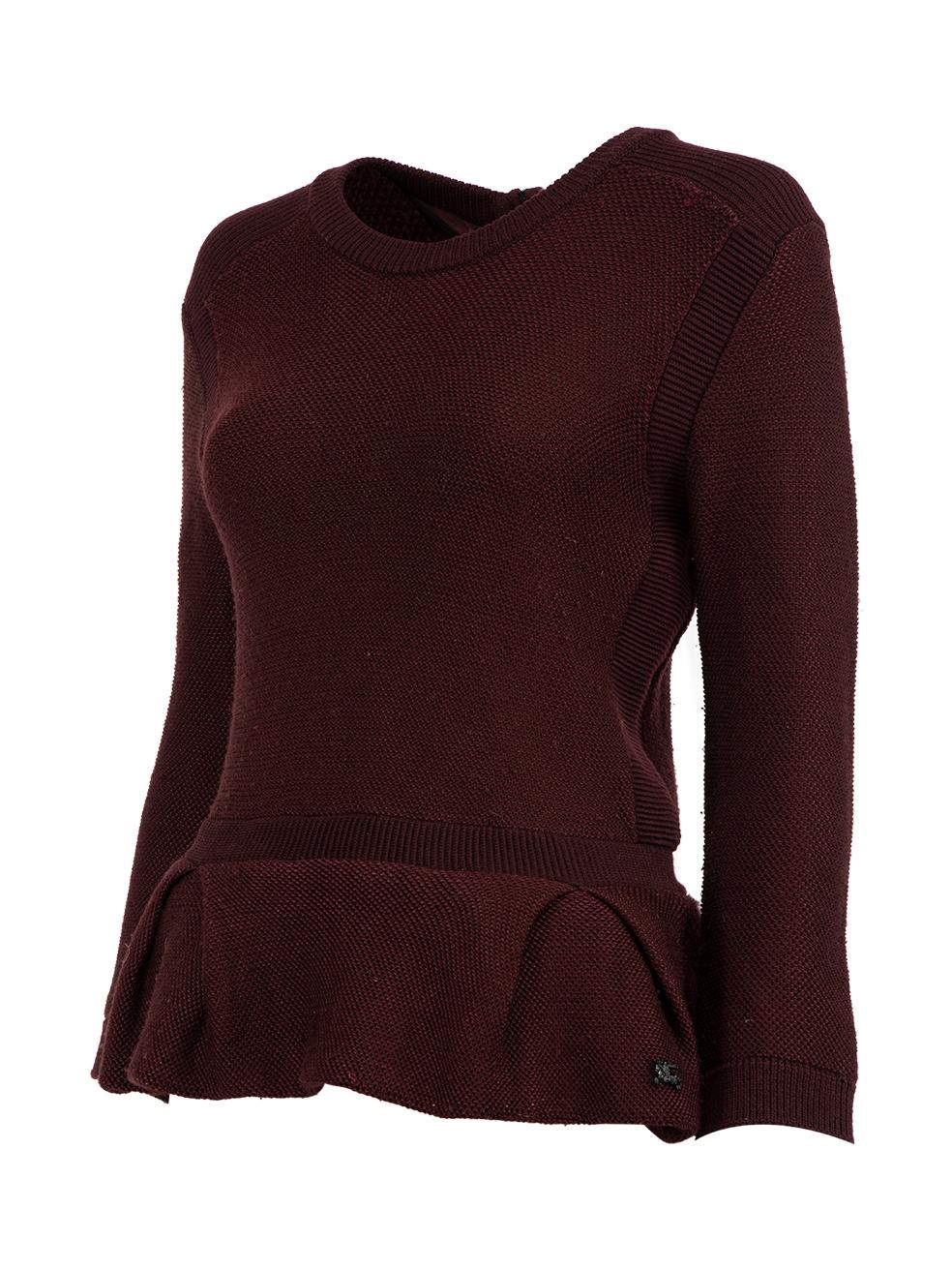Pre-Loved Burberry Women's Burgundy Knitted Jumper Peplum Hem In Excellent Condition For Sale In London, GB
