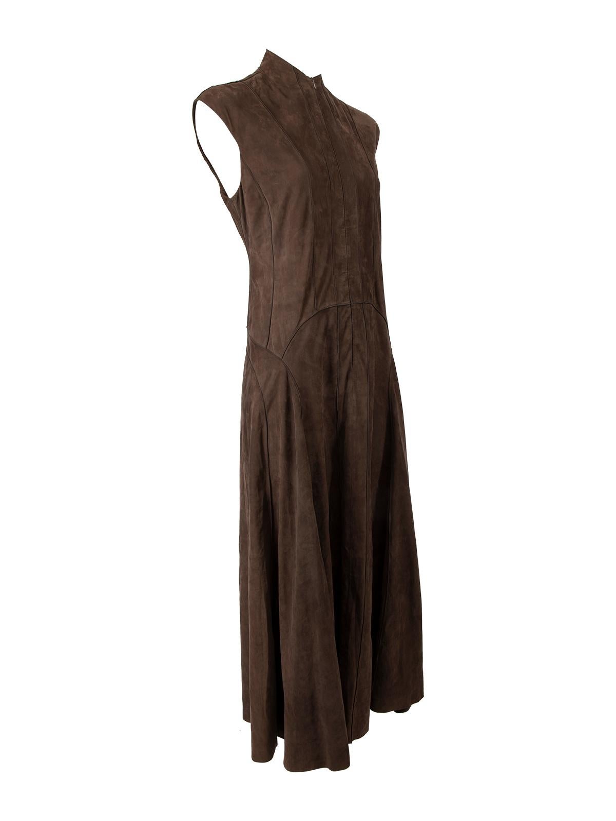 CONDITION is Very good. Minimal wear to dress is evident. Minimal wear to the outer suded fabric which looks a little worn, and has some fading/scuff on this used Calvin Klein designer resale item. Details Brown Suede leather Dress Sleeveless Round