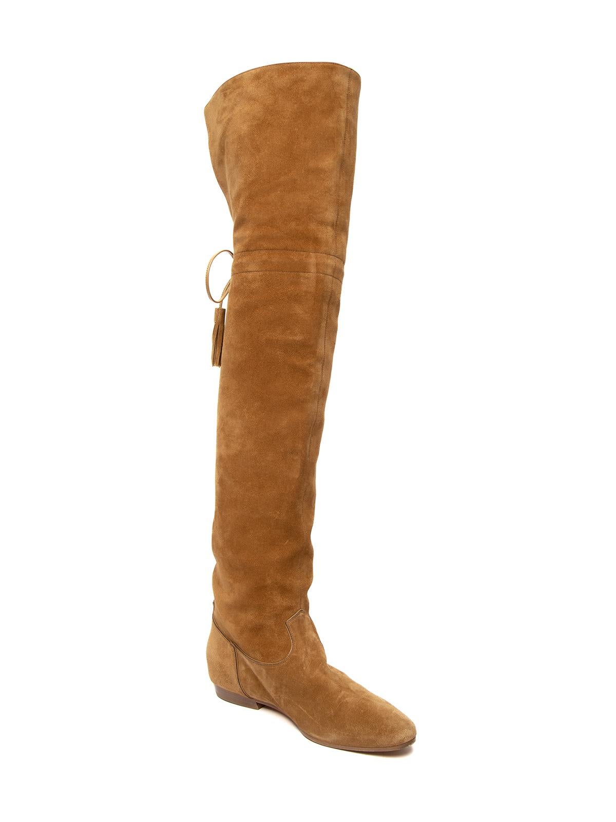 CONDITION is Good. Some wear to boots is evident. Minor signs of wear on soles, suede around to toe box and heel on this used Celine designer resale item. Details Suede Camel Flat boot Over the knee Almond toe Tassel ties at knees Made in Italy