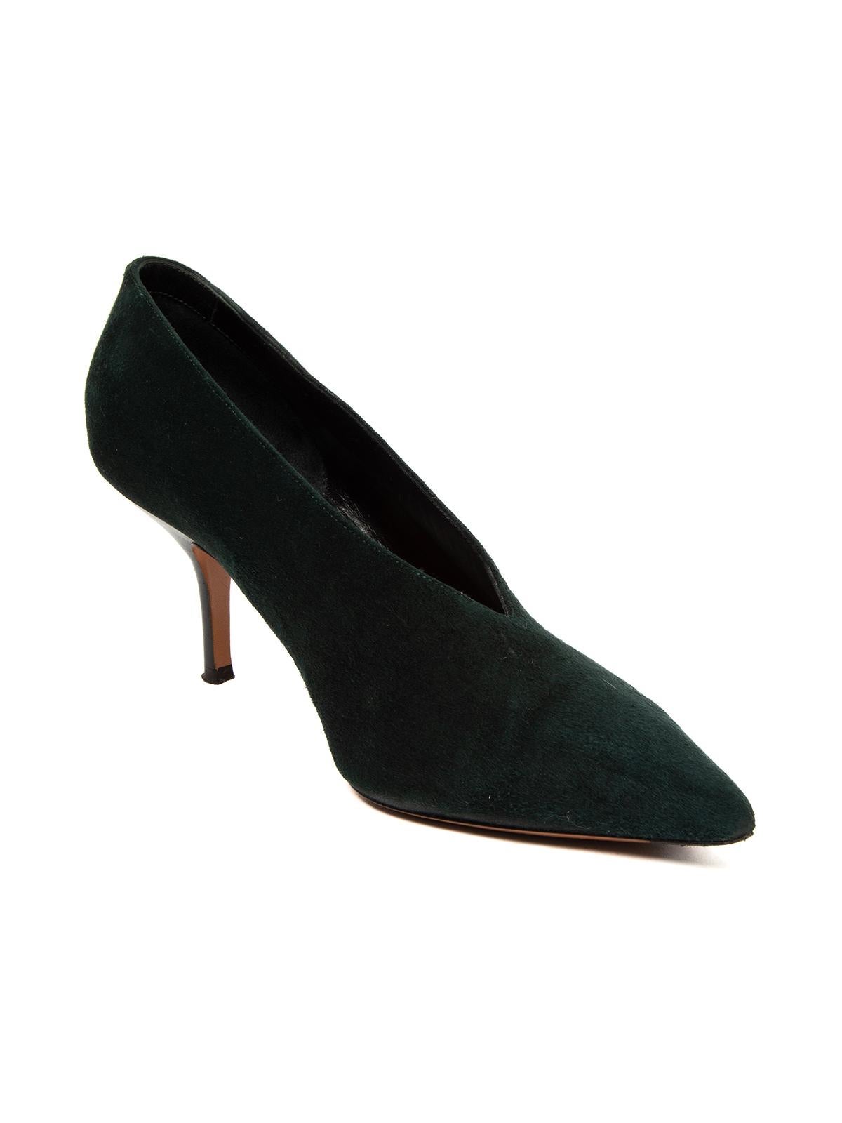 CONDITION is Good. General wear to heels is evident. General wear to heel tips, outersole and suede material on this used Celine designer resale item. Details V neck heels Colour - green Material - suede Style - kitten Toe style - point-toe leather